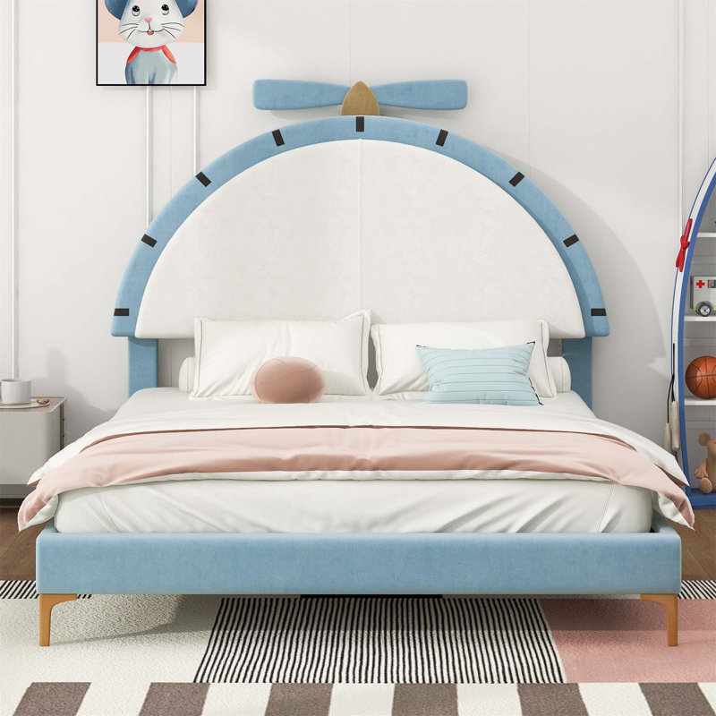 Upholstered Platform Bed With Alarm Clock Shaped Headboard, Double