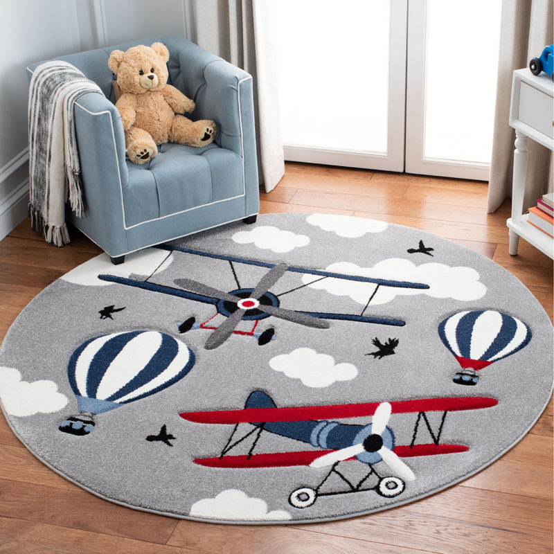 Haveman Light Gray/Red Area Rug, Round 4'