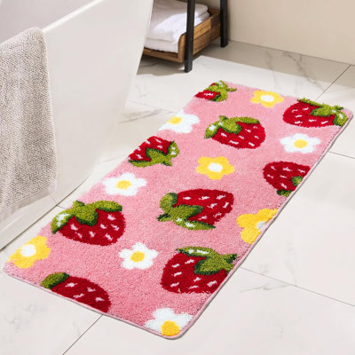 Tapis de couloir de salle de bain, joli décor de chambre à coucher, tapis de bain fraise rose, tapis de couloir en microfibre absorbant pour fleur
