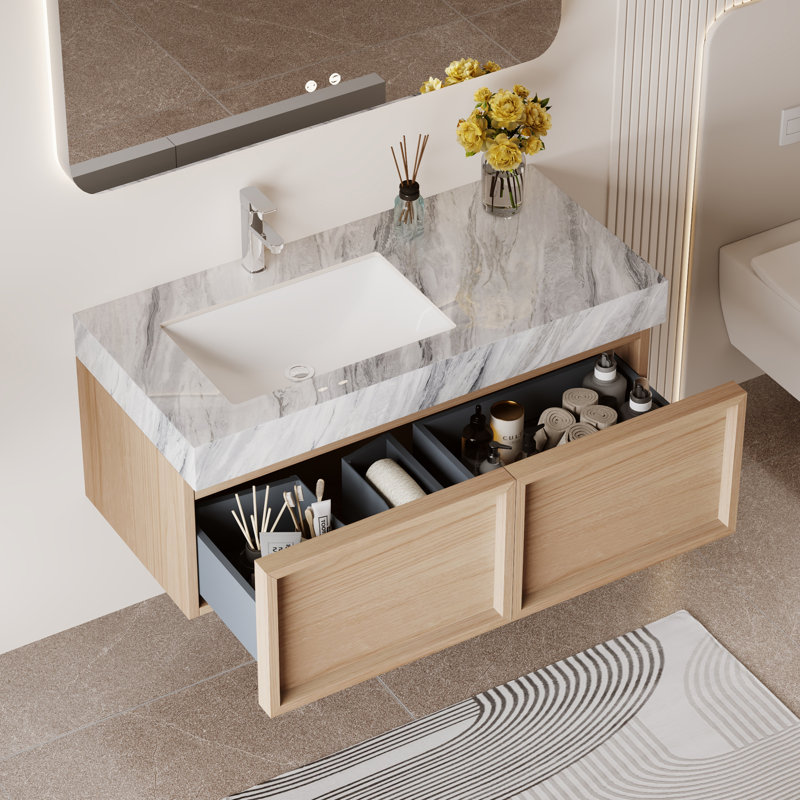 36" Floating Bathroom Vanity with Undermount Sink, Unique Vein Grey Faux Marble Countertop, 2 Handleless Drawers, Complete Drain Assembly Included