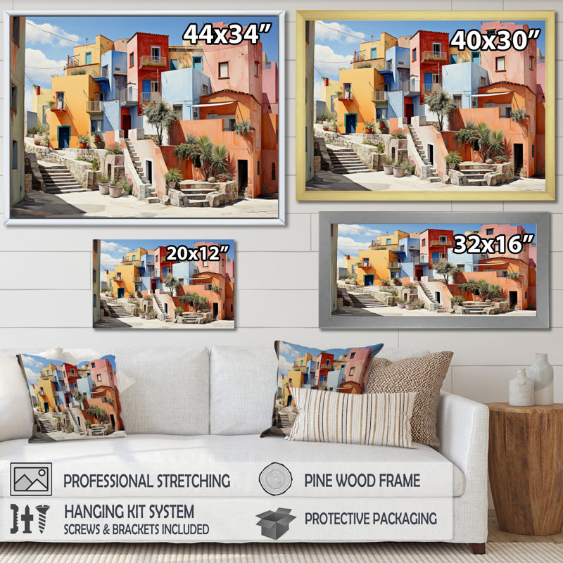 «Colorful Mexico Colorful Casas This VI», reproduction d'art sur toile, H 24 po x l 32 po x P 1 po, Cadre simple blanc