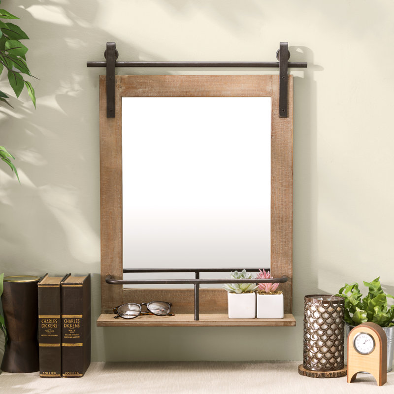 Usher Rustic Industrial Wood-Framed Wall Mount Barn Door Mirror with Shelf