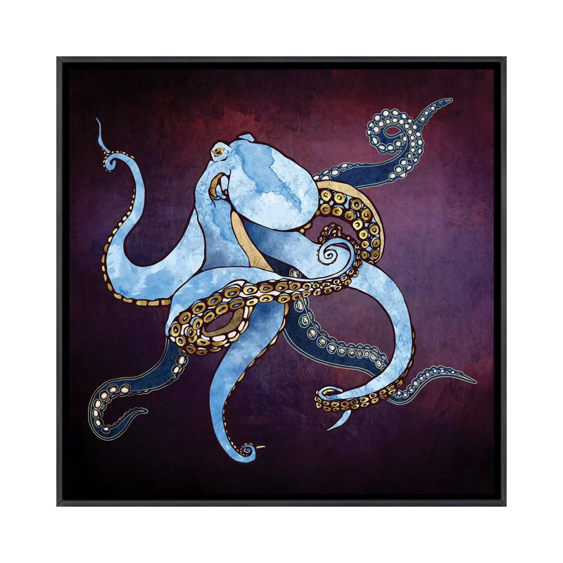 Pieuvre métallique Iii - impression d'art graphique, 26" H x 26" W x 1.5'' D, Pas de tapis, Distressed Black Framed