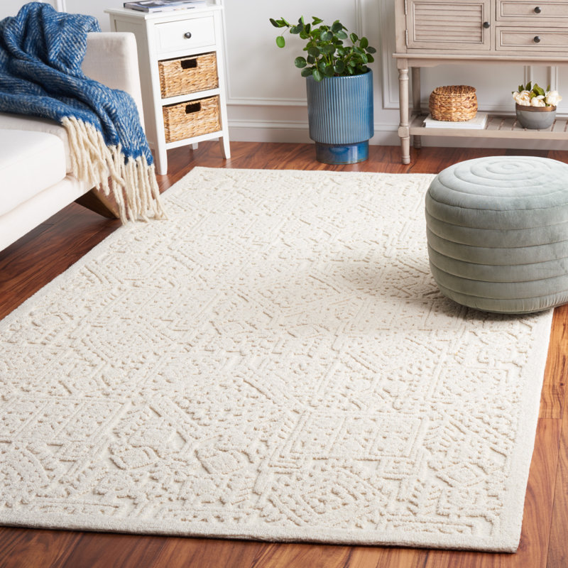 Textural Hand Tufted Wool/Cotton Oriental Rug in Ivory, Rectangle 5' x 8'