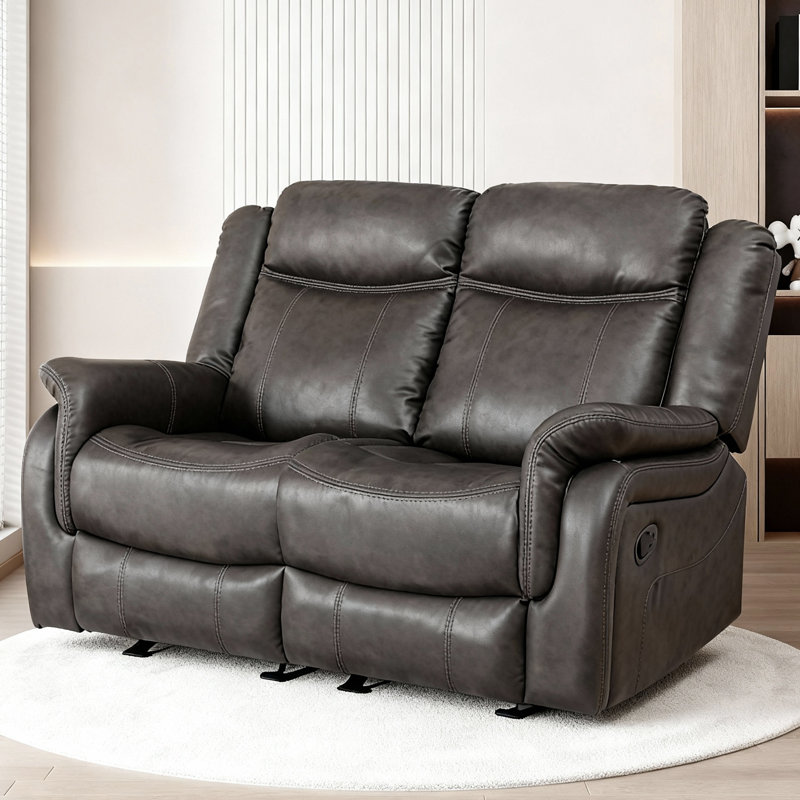56.69'' Manual - Recline Faux Leather Loveseat, Gray