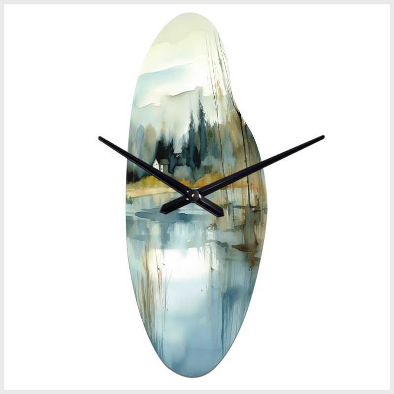 Summer Lake Landscape Illustration V - Lake - Horloges murales asymétriques en métal, horloge murale courbée bleue, Grand