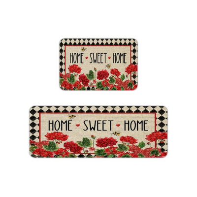 Beige Red Floral Kitchen Mats, 2-Piece Set Farmhouse Rugs For Kitchen & Entryway