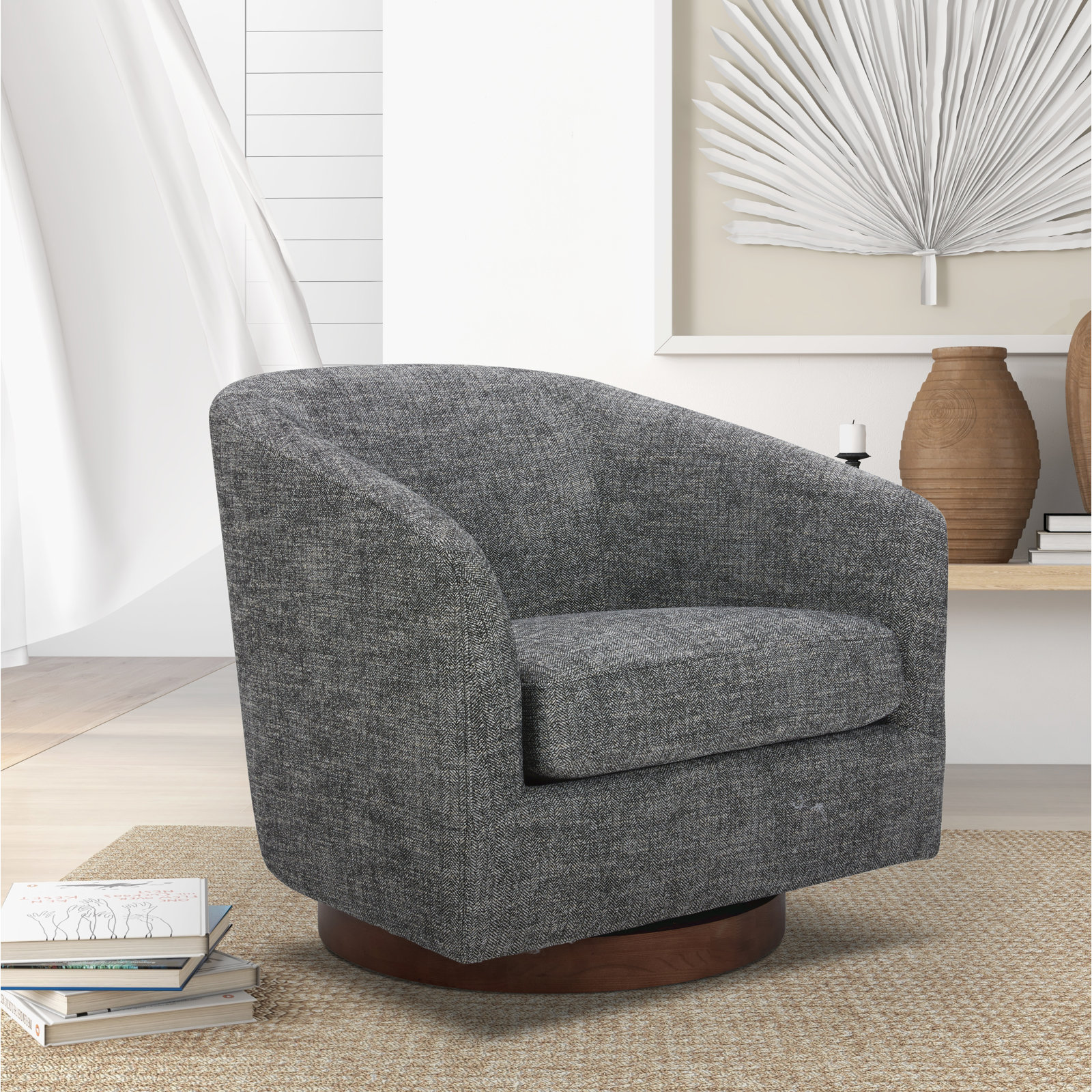Bennett Linen Swivel Barrel Chair, Dark Gray