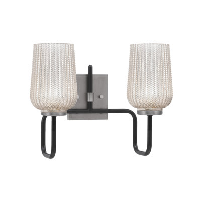 Barre d'éclairage de salle de bain 2 lumières Amarmula, noir mat et finition graphite, verre texturé argenté de 5 po