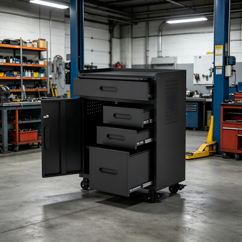 Steel Roller Mobile Tool Cabinet With Lockable Compartments And Four Drawers, Suitable For Both Workshops And Garages, Providing Stable And Secure Storage.