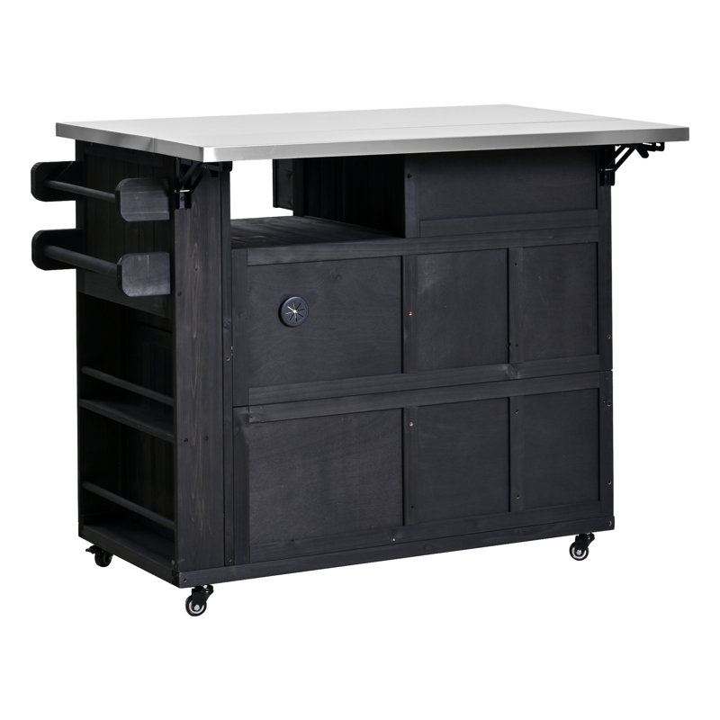 TOPMAX Outdoor Solid Wood Extendable 19.3''/28'' Kitchen Island, Stainless Steel Top Grill Table With Side Spice Rack, Kitchen Cart With Drawers, Storage Cabinet For Backyard, BBQ,Party, Black