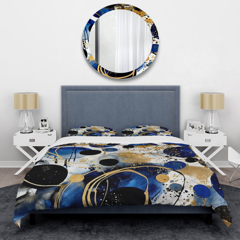 Ensemble de housse de couette à motif abstrait avec textures bleues et dorées XVIIIe en microfibre / polyester