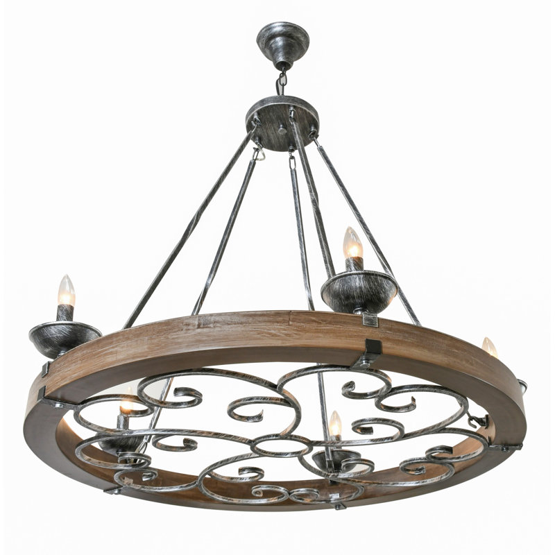 Ridgeline Rustic Wood and Metal Chandelier, 31.5" H x 38" W x 38" D