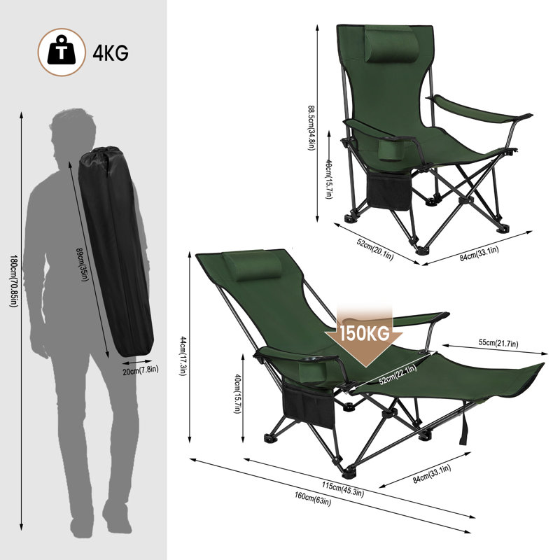 Camping Chair Lightweight Folding Fishing Chair with Retractable Footrest and Removable Headrest, Carry Bag, for Outdoor Activities