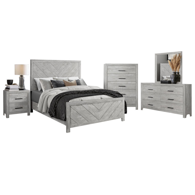 Zarrah 5 Piece Bedroom Set, Rustic Oak, 5 Pcs: Bed, Nightstand, 2 Dressers, Mirror, King