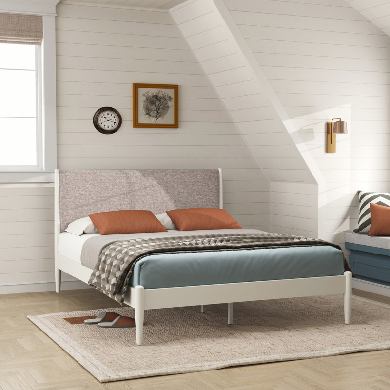 Lit plateforme en bois d'hévéa, blanc crème, grand