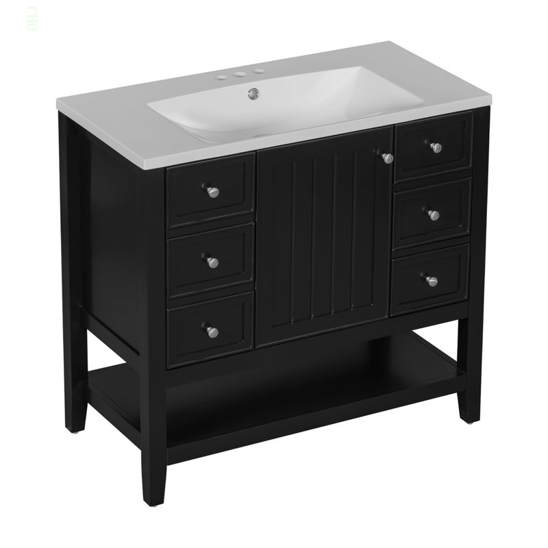 Ensemble de meuble-lavabo 36 po avec lavabo, une armoire et trois tiroirs, bois massif et panneau de fibres à densité moyenne, noir