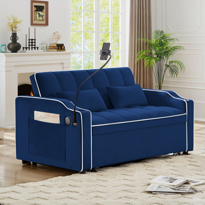 Fauteuil inclinable polyvalent à double siège pliable, canapé-lit confortable en velours avec poches latérales, port USB, support pour téléphone pivotant, cendrier et dossier réglable