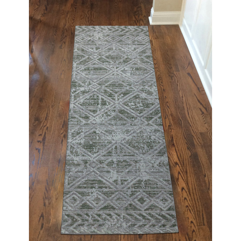 Kainaan 1243 Transitional Geometric Green Area Rug, Runner 2'2" x 7'7", Green