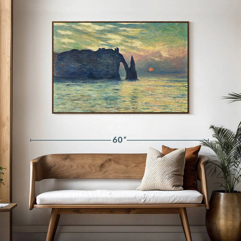 Coucher de soleil sur la falaise d'Etretat, 46 po x 31 po, Cadre flottant noyer