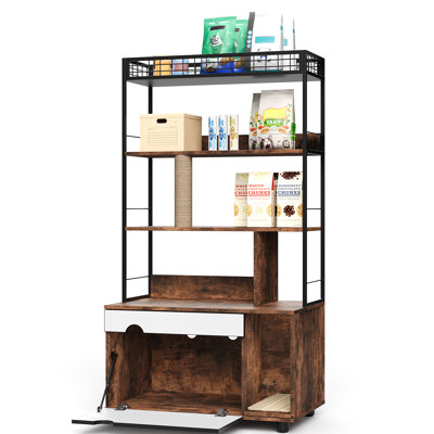 Vintage Brown Cat Litter Box Enclosure with 4-Tier Storage Shelves – Hidden Wooden Cat Furniture