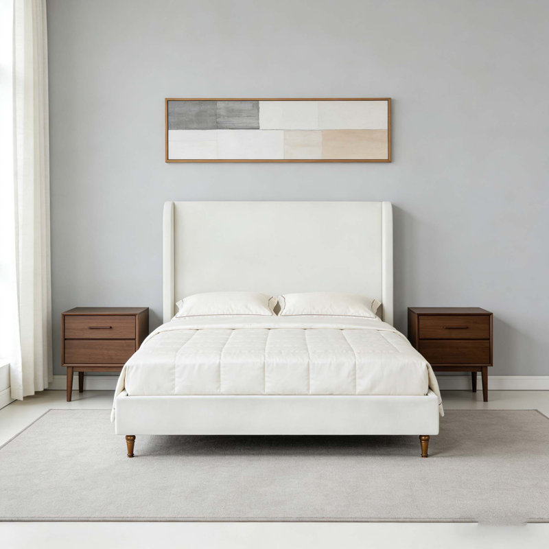 Structure de lit avec tête de lit haute, revêtue en chenille de qualité supérieure, style minimaliste et rétro, aucun sommier tapissier requis, assemblage facile, ivoire