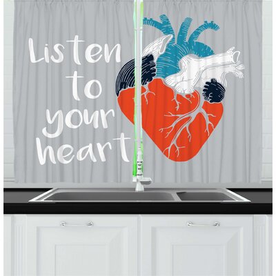 2 Piece Pounding Love Blood Vessels Wording and Heart Silhouette Typographic Kitchen Curtain Set -  East Urban Home, F7639BC271D342B38867606D2161FF57