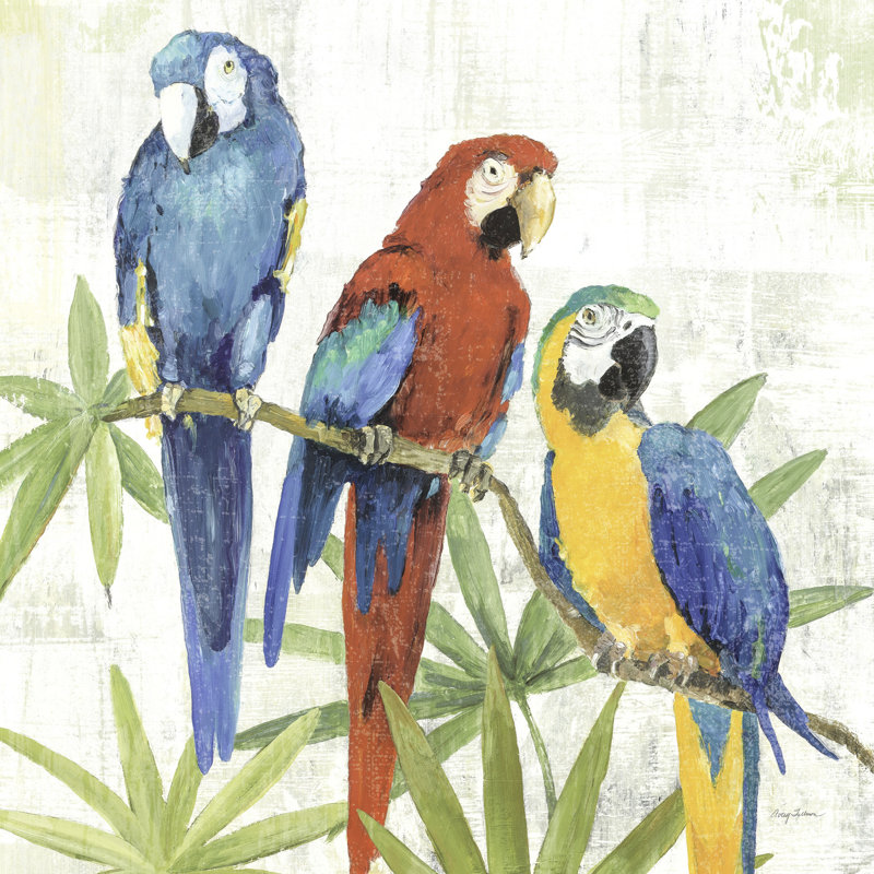 Trio de perroquets sur une branche, crevettes, rouge, bleu, vert, jaune, H 24 po x l 48 po x P 1,5 po