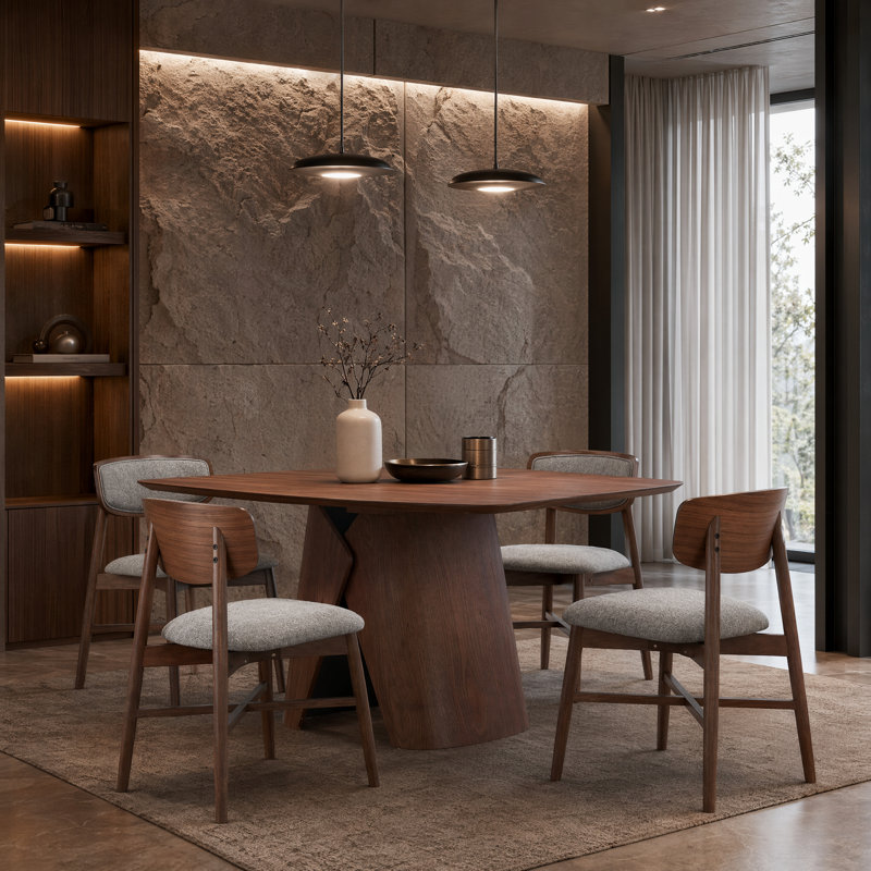 Sculptural Curved Back Dining Set, 5 Pieces: Table, 4 Chairs, Walnut