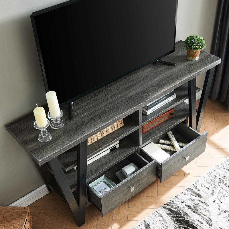 Grand meuble télé avec 2 tiroirs et tablette, gris / noir, 60 - 69 pouces compliquant en gris et noir, tablettes divisées, convient aux téléviseurs de 60 à 69
