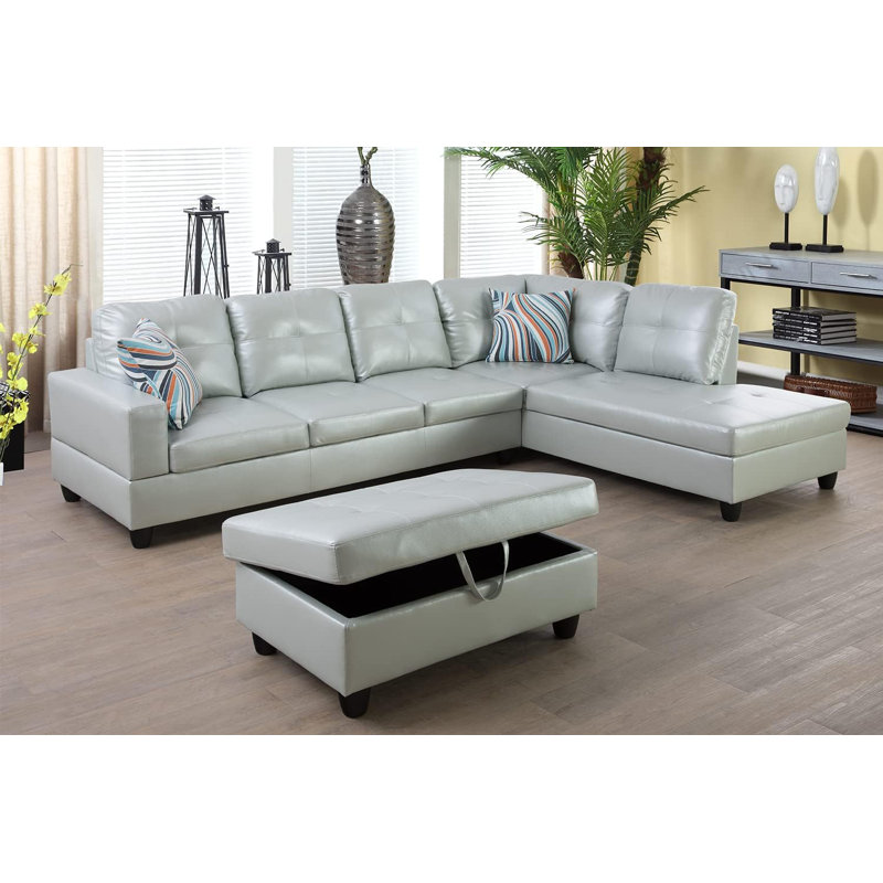 3 - Piece Semi Pu Synthetic Leather Sectional,  Silver Green Faux Leather