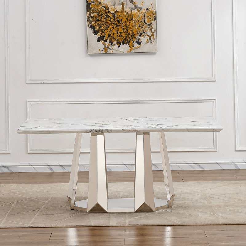 Table de salle à manger en marbre pour 6 personnes, table de salle à manger rectangulaire en faux marbre 70 po avec base en acier inoxydable à finition miroir, table de cuisine moderne en marbre de grande taille (argent, blanc)