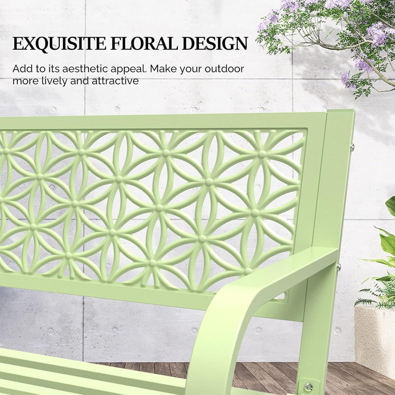 Banc d'extérieur 50 po en métal avec dossier floral, banc de jardin à l'avant pour la cour d'entrée de la cour, capacité de 800 lb - vert