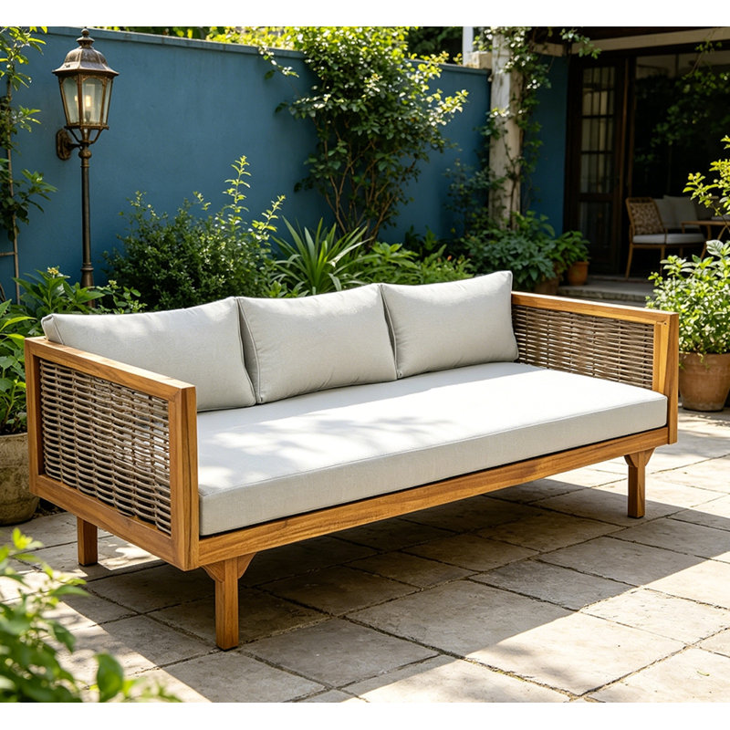 Acacia Wood  Patio Lounge Sofa, light gray,Teak Rattan Arm