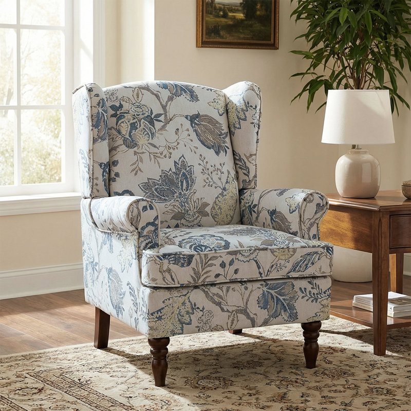 Aiddan Traditional 29'' Wide Wing Back Armchair with Solid Wood Legs, Multi Blue Floral