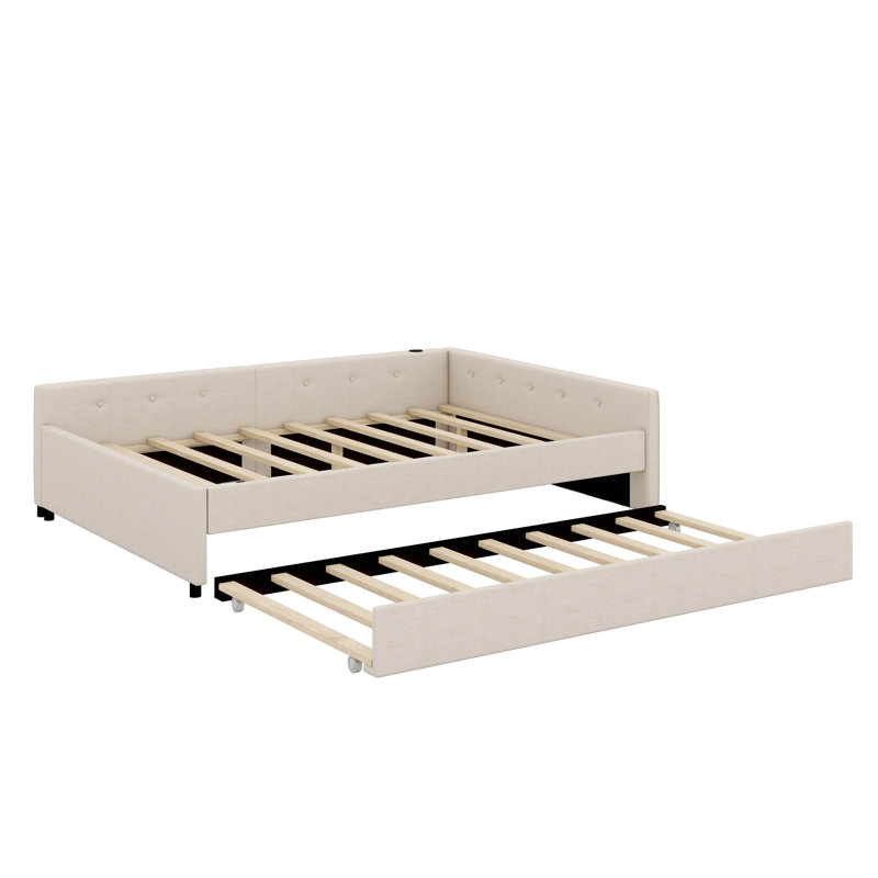 Upholstered Platform Bed ,Modern Cloud Bed Frame With Trundle And USB, Full