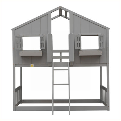 Bunk Bed Frame Twin Over Twin House Style Solid Pine Construction Neutral Gray with Safety Guardrails and Ladder