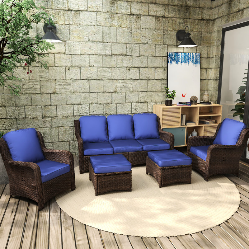 Outdoor Sectional Conversation : 3 Couch, 2 Single Chairs, Ottomans. Gray-Navy For Lawn, Balcony, Garden, Backyard. Rust- Steel Frame. Handmade . Protected Cushions. High Foam Seating Comfort. Modern