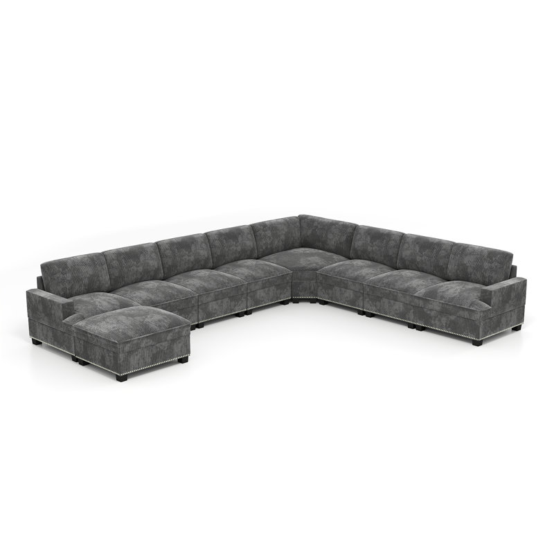 Spacieux canapé modulaire en coin avec garniture cloutée de 9 pièces en velours côtelé avec repose-pieds, Velours côtelé gris