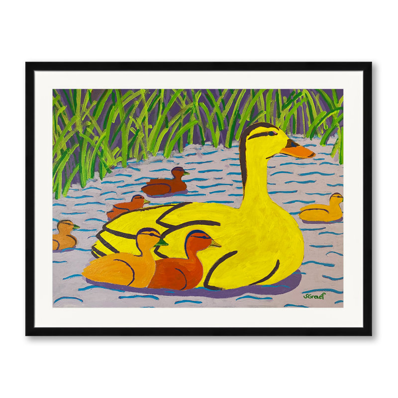 Mama And Her Ducklings by Sue Graef, Black Framed Paper, 24" H x 30" W