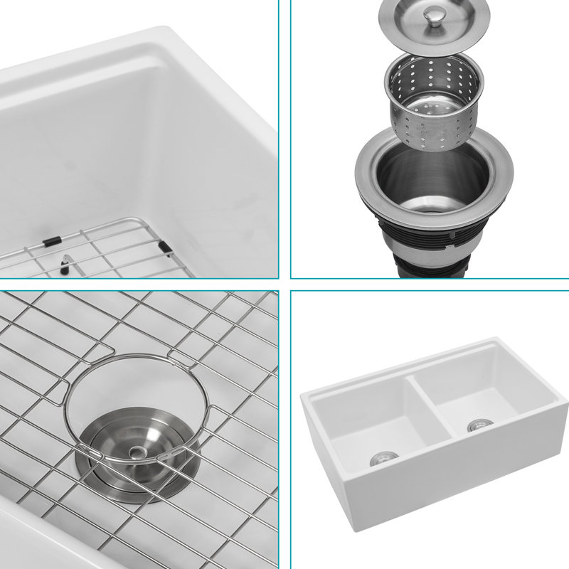 White Ceramic 33" Double Bowl Sink For Kitchen, Workstation Feature Enhanced Functionality, Stain - And Finish, Includes Colander Dish Grid 33 Inch Apron In Style, Ledge Space Optimization, Chip ,