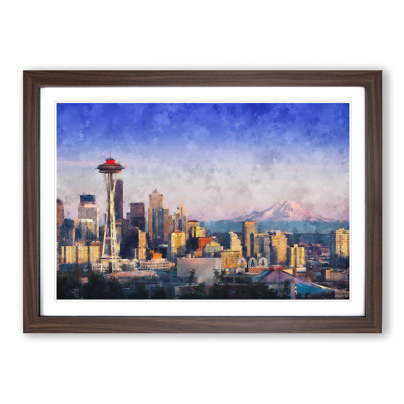 Seattle Skyline - Picture Frame Painting Print, Walnut Framed, 24cm H x 33cm W x 2cm D