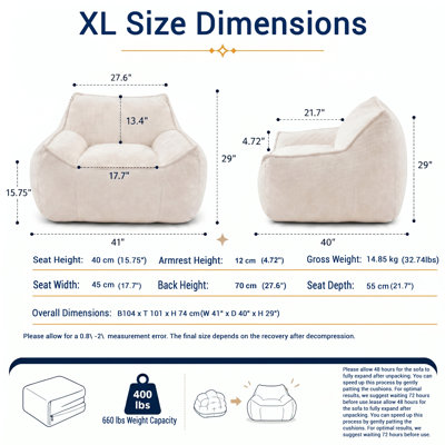 Giant Bean Bag Chair for Adults, Oversized Chenille Sofa with Armrests & Filler, Comfy Reading Chair for Bedroom Living Room Game Room (Beige)