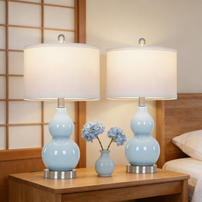 Ensemble de 2 lampes de table modernes en céramique avec abat-jour en lin, lampes de chevet à double courge de 22 pouces pour le salon, la chambre à coucher ou le bureau, comprenant 2 ampoules DEL