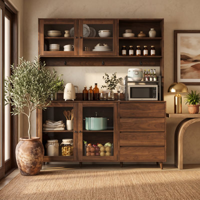 Armoire de cuisine de 63 po de largeur avec comptoir pour micro-ondes, portes en verre et 4 tiroirs