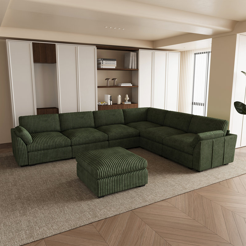 Grand canapé modulaire en forme de U de 137,8 pouces Caryn, Velours côtelé vert