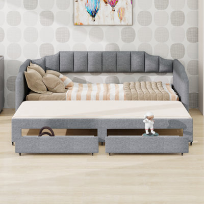 Extendable Linen Upholstered Day Bed Frame With Channel Tufted Backrest ，Storage Drawers And LED Light