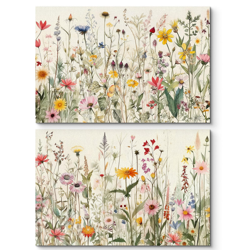 Vibrant Wildflower Blush Meadows fleurs sauvages roses en fleurs campagne française 2 pièces, Toile tendue, H 16 po x l 24 po