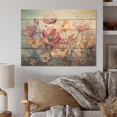 Harmonie de tulipes mauves et jaunes - champ de fleurs, art mural sur bois de pin naturel