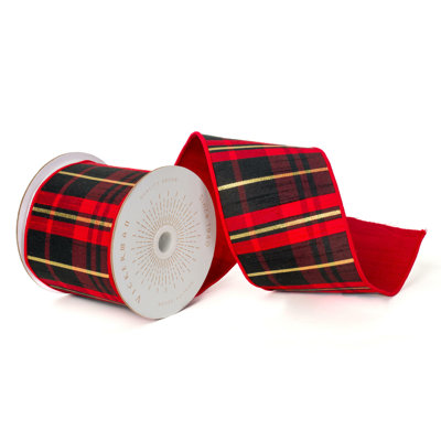4"X10 Yds Red, Black, and Gold Plaid with Red Dupioni Backing Ribbon.